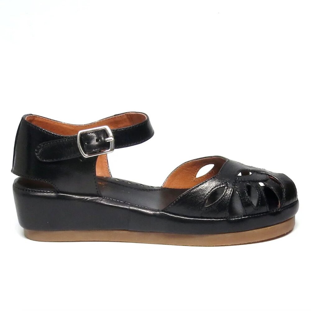 Remix Vintage Shoes 1940s Black Leather Wedge Platform Women’s Sandal 7M